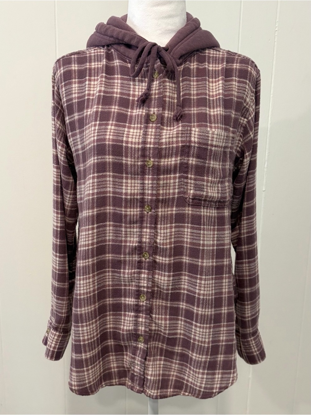 AE Flannel Plaid Button Up Hoodie, Purple Mauve & Cream, Size XS